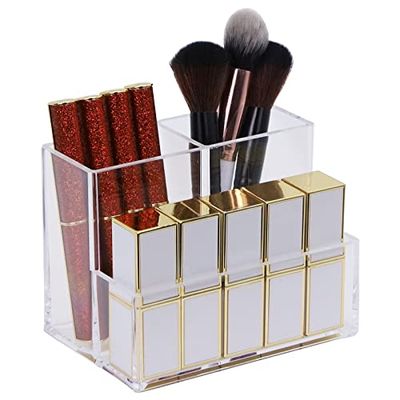 KW Collection Acrylic Makeup Organizer Cosmetic Storage Makeup Display Case Makeup Brush Holder Lipstick Dispenser Canister Bathroom Container (5.1 x 3.5 x 3.9 in, 3 Partitions, Transparent)