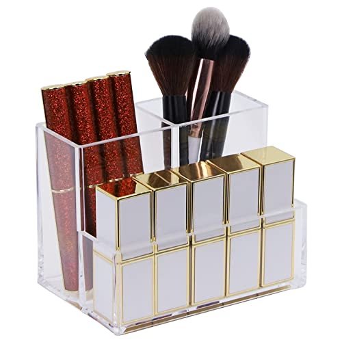 KW Collection Acrylic Makeup Organizer Cosmetic Storage Makeup Display Case Makeup Brush Holder Lipstick Dispenser Canister Bathroom Container (5.1 x 3.5 x 3.9 in, 3 Partitions, Transparent)