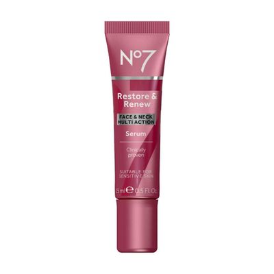 No7 Restore & Renew Multi-Action Face & Neck Serum - Anti Aging Serum for Deep Wrinkle Repair - Collagen Infused Skincare with a Hydrating Blend of Hibiscus Peptides & Hyaluronic Acid (0.5 Fl Oz)