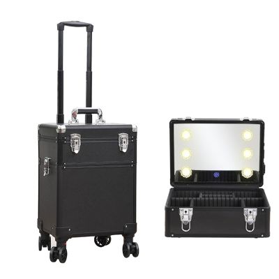 DWLOMHE Makeup Artists Multifunction Lighted Cosmetics Rolling Case and Tilt Mirror Lighted Cosmetics Organizer Storage Case Box, Large Lighted Vanity Case with Mirror Wheeled Organizer