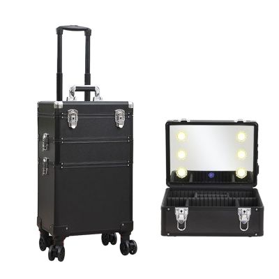 DWLOMHE Makeup Artists Multifunction Lighted Cosmetics Rolling Case and Tilt Mirror Lighted Cosmetics Organizer Storage Case Box, Large Lighted Vanity Case with Mirror Wheeled Organizer
