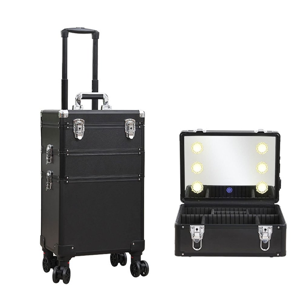DWLOMHE Makeup Artists Multifunction Lighted Cosmetics Rolling Case and Tilt Mirror Lighted Cosmetics Organizer Storage Case Box, Large Lighted Vanity Case with Mirror Wheeled Organizer