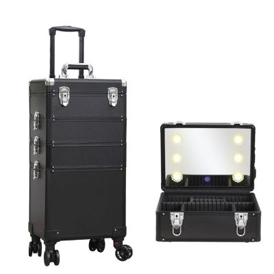 DWLOMHE Makeup Artists Multifunction Lighted Cosmetics Rolling Case and Tilt Mirror Lighted Cosmetics Organizer Storage Case Box, Large Lighted Vanity Case with Mirror Wheeled Organizer