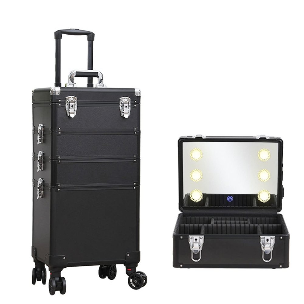 DWLOMHE Makeup Artists Multifunction Lighted Cosmetics Rolling Case and Tilt Mirror Lighted Cosmetics Organizer Storage Case Box, Large Lighted Vanity Case with Mirror Wheeled Organizer