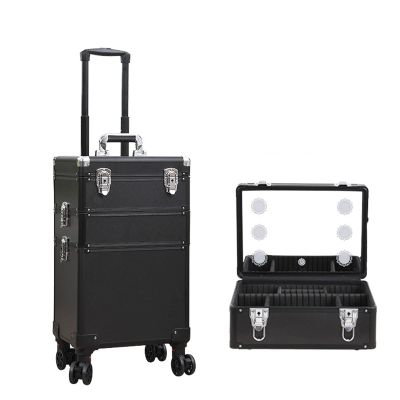 DWLOMHE Makeup Artists Multifunction Lighted Cosmetics Rolling Case and Tilt Mirror Lighted Cosmetics Organizer Storage Case Box, Large Lighted Vanity Case with Mirror Wheeled Organizer