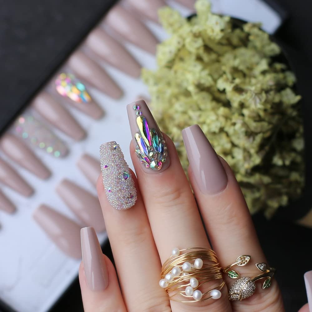 MqpQ 3D caviar nude UV coffin reusable gel Press on nails box custom made crystal nails bling Microdrill glitter Ballet fasle nails