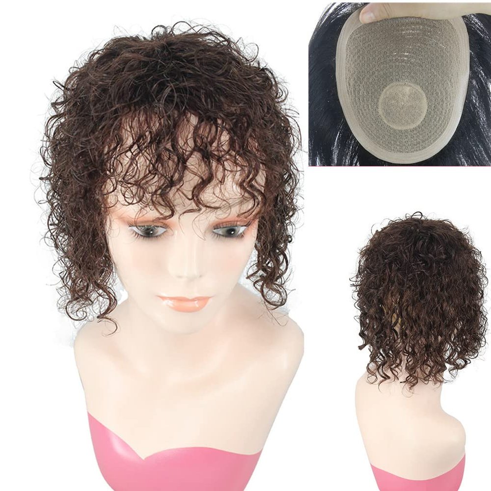 12in Curly Human Hair Toppers for Women,16*18 Large Silk Base Simulation Head Spin Hair Piece Clip on Toupee Breathable Adding Extra Hair Volume for Thinning Hair Loss Hair