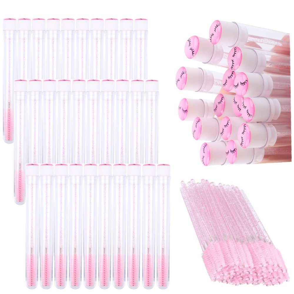 60 Pcs Pink Lash Pattern Lash Disposable Mascara Brushes Diamond Eyelash Spoolies Makeup Brush Mascara Wand in Sanitary Tube Lash Supplies