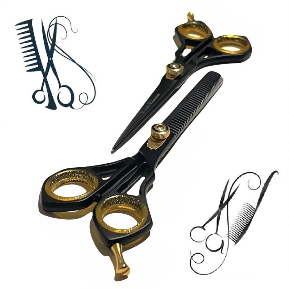 Barber and Salon All Hair Type Black and Gold Hair Cutting Scissors Hair Thinning Shears 6.5 Inches