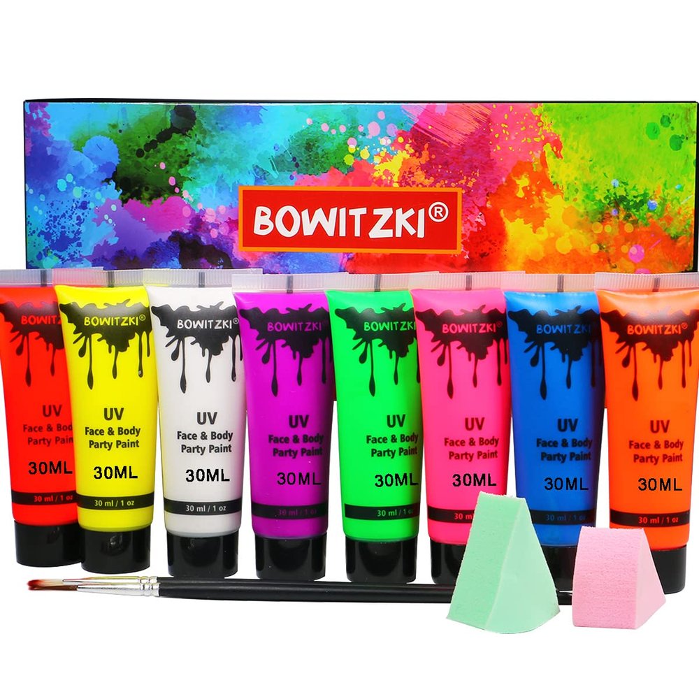 Bowitzki UV Neon Face and Body Paint 8 x 30ml /1 oz Liquid Large Kit Black Light Glow in the Dark Makeup Set Fluorescent Painting for Adults Music Festivals Party Halloween Christmas