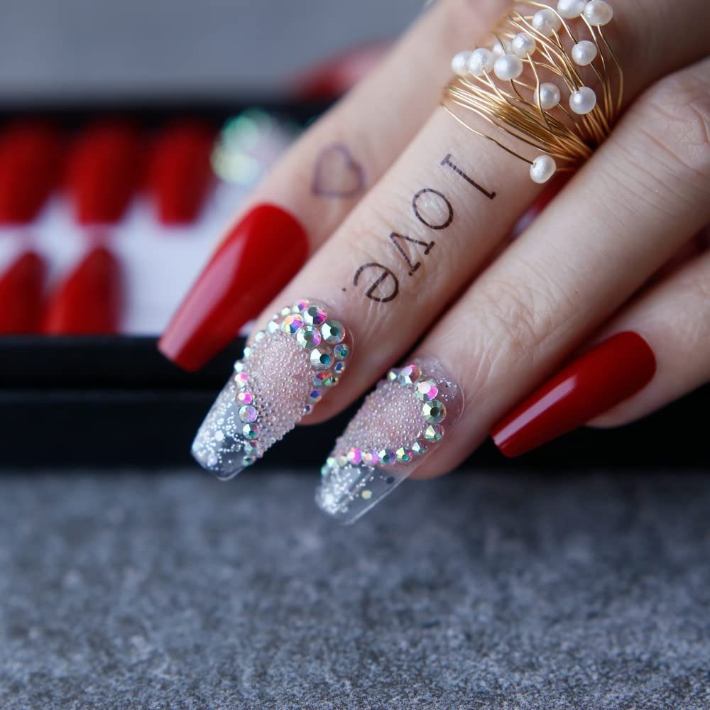 MqpQ Press on nails gel Fake Nails Box gift valentine nails Love nails Glitter Coffin Red False nails Private label customization