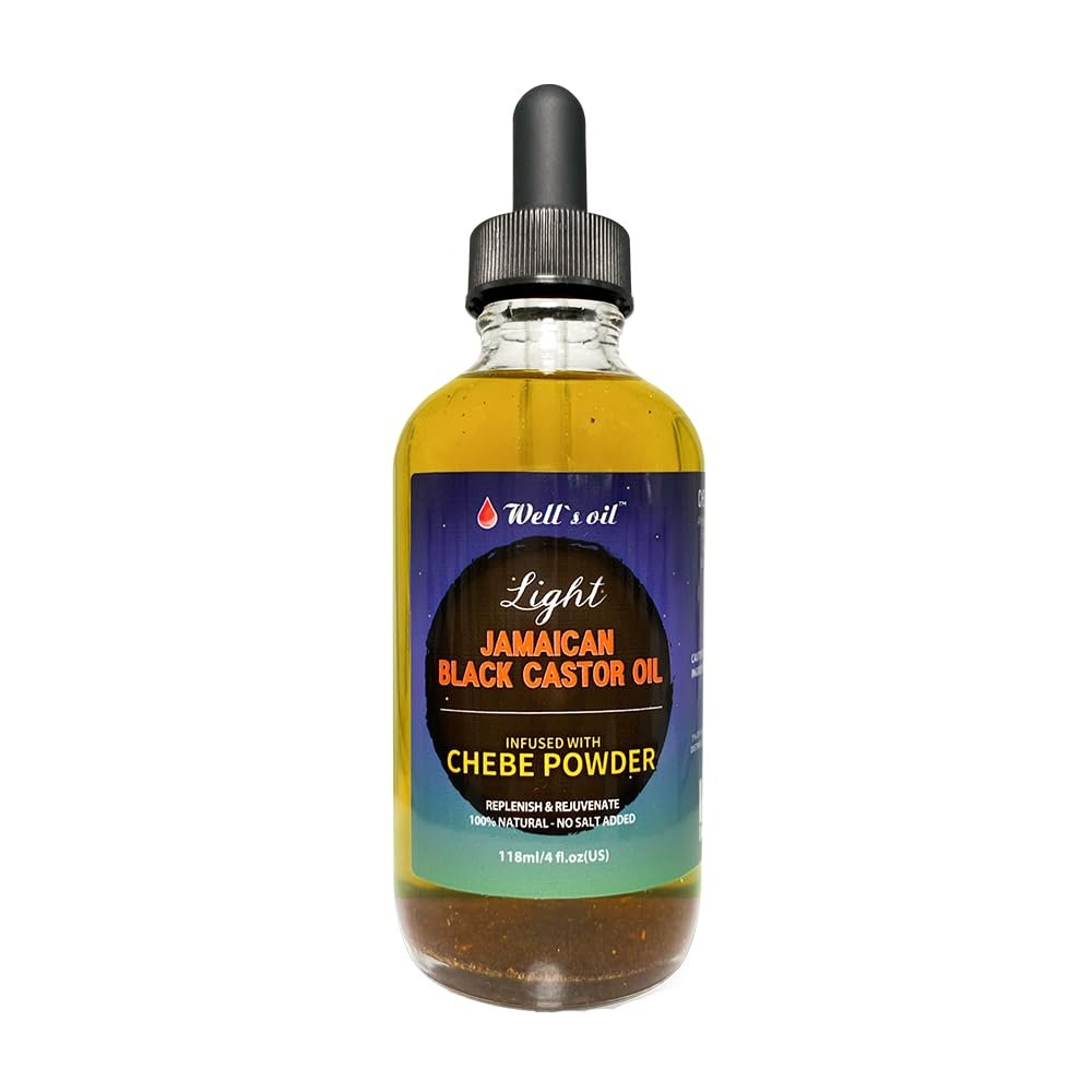 Well's Jamaican Black Castor Oil Infused with Chebe Powder (Light) 4 fl oz | 100% Natural | Improves Hair Density | Nourishes