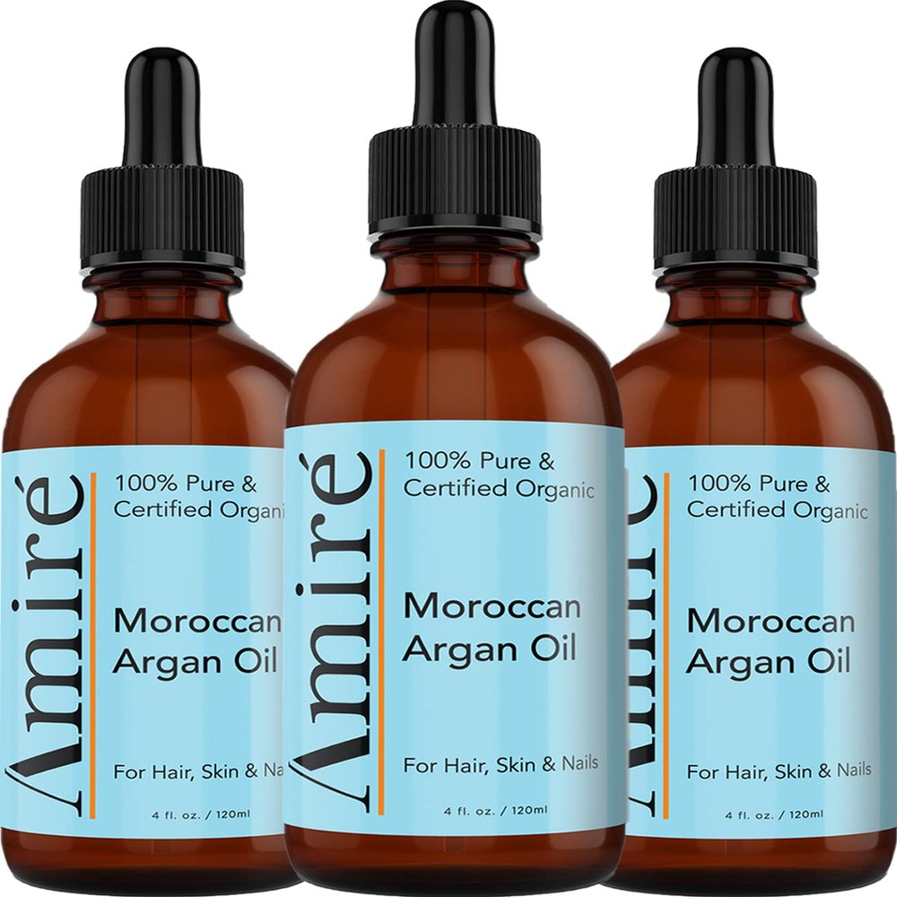 Amire 3 Pack of USDA Certified Organic Argan Oil 4oz, Triple Extra Virgin Grade Moroccan Argan Oil for Skin, Face, & Nails. Moisturizer. Scalp Treatment Hair Oil for Dry, Damaged, Brittle Hair.