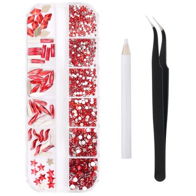 1788 Pcs Red Flatback Rhinestones Set for Nail, Art, Crafts, Makeup, Tumblers Glitter Round with Tweezers and Picking Pen