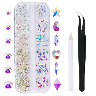 1788 Pieces Flatback Rhinestones for Crafts,Nail Gems Gemstones Crystals Jewels,Craft Glass Diamonds Stones Bling Rhinestone with Tweezers and Picking Pen,12 Colors(Transparent AB)