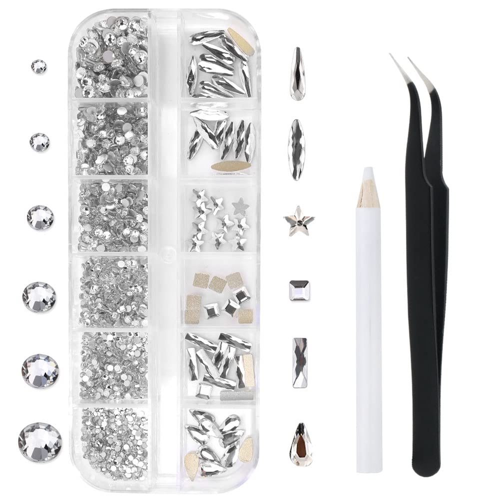 1788 Pcs White Flatback Rhinestones Set for Nail, Art, Crafts, Makeup, Tumblers Glitter Round with Tweezers and Picking Pen