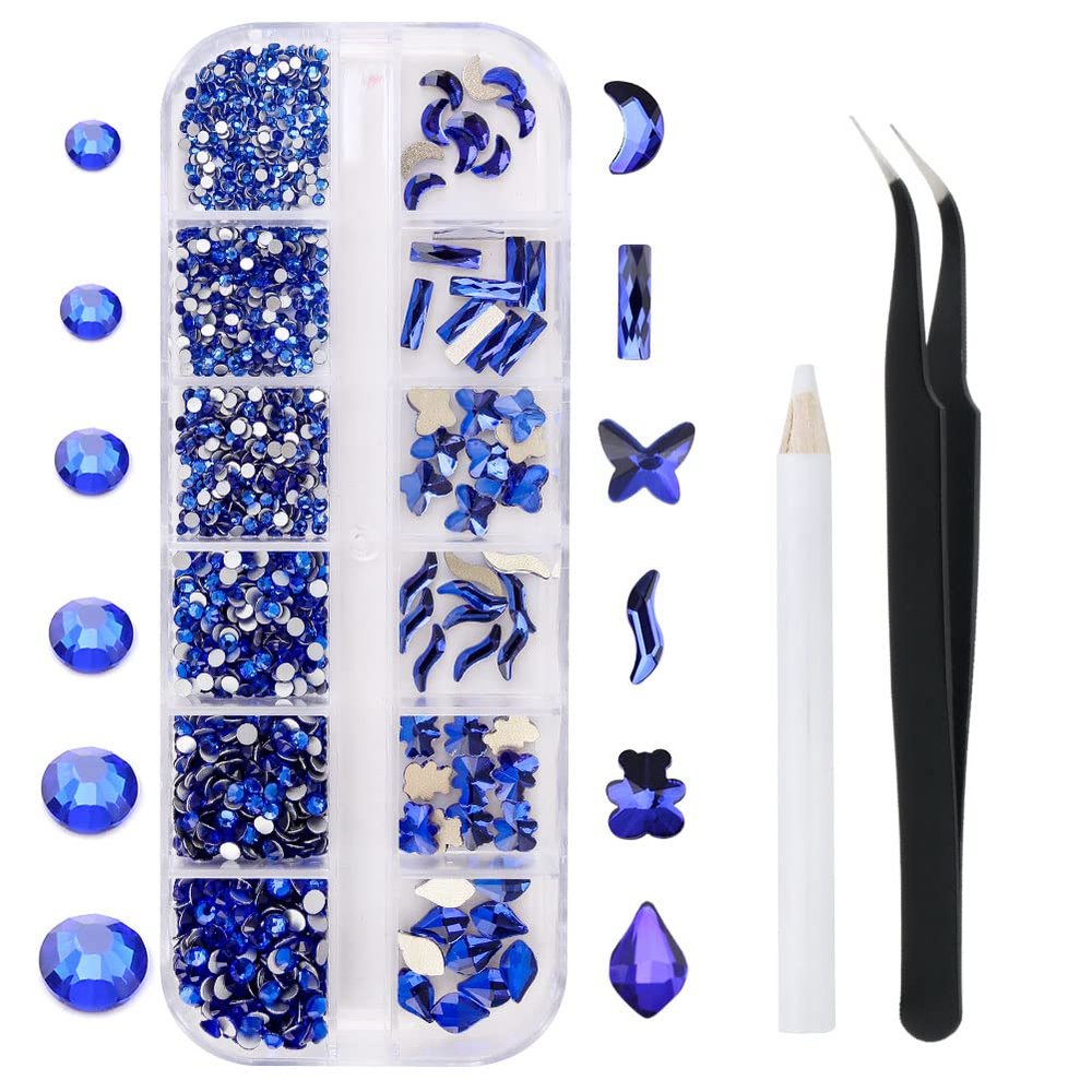 1788 Pcs Blue Flatback Rhinestones Set for Nail, Art, Crafts, Makeup, Tumblers Glitter Round with Tweezers and Picking Pen