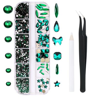 1788 Pcs Green Flatback Rhinestones Set for Nail, Art, Crafts, Makeup, Tumblers Glitter Round with Tweezers and Picking Pen