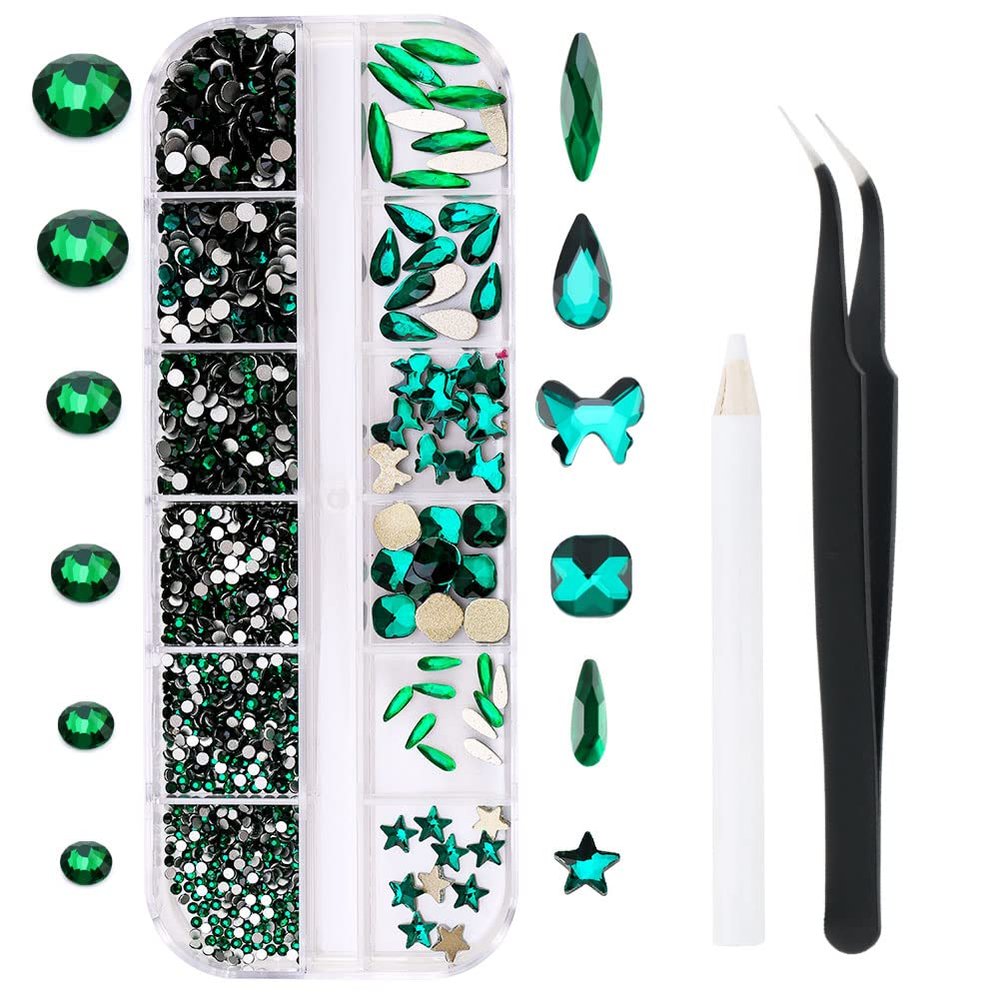 1788 Pcs Green Flatback Rhinestones Set for Nail, Art, Crafts, Makeup, Tumblers Glitter Round with Tweezers and Picking Pen