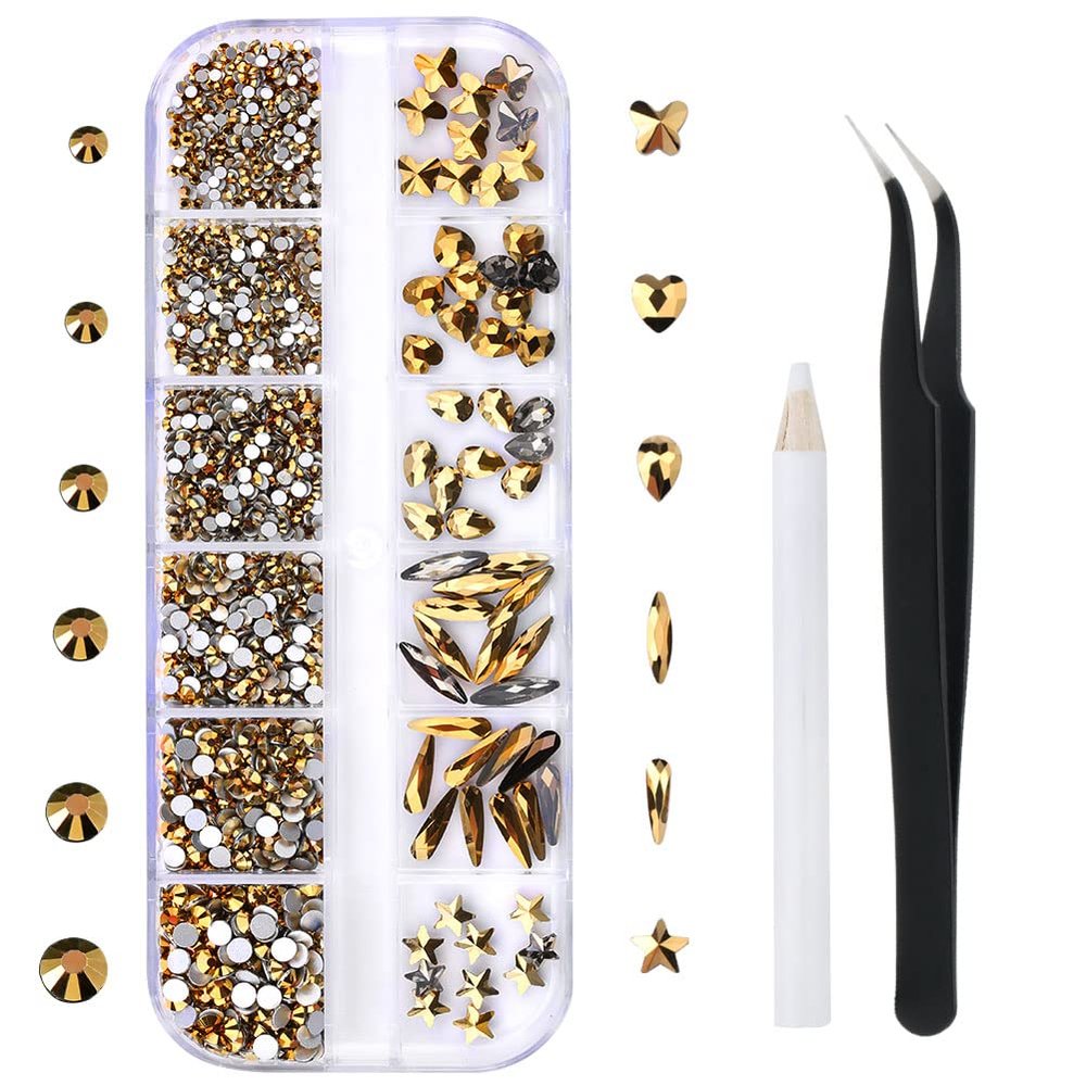 1788 Pcs Gold Flatback Rhinestones Set for Nail, Art, Crafts, Makeup, Tumblers Glitter Round with Tweezers and Picking Pen