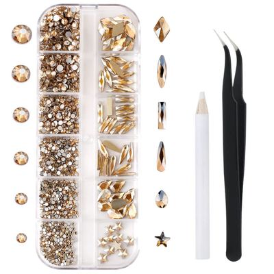 1788 Pcs Champagne Flatback Rhinestones Set for Nail, Art, Crafts, Makeup, Tumblers Glitter Round with Tweezers and Picking Pen