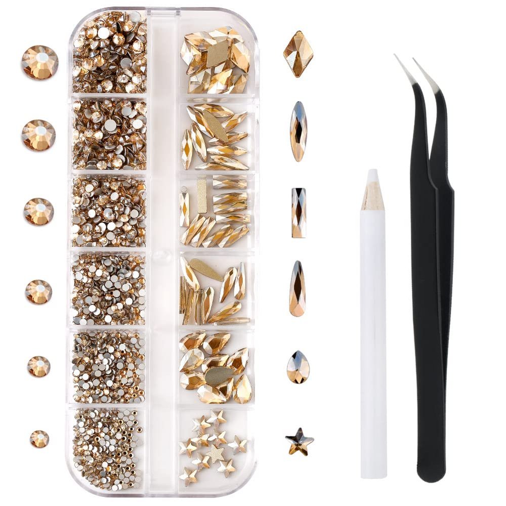 1788 Pcs Champagne Flatback Rhinestones Set for Nail, Art, Crafts, Makeup, Tumblers Glitter Round with Tweezers and Picking Pen