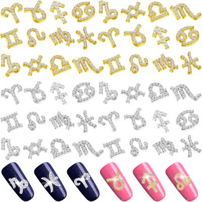 48 Pcs Zodiac Sign Nail Charms Zodiac 3D Rhinestone Jewelry Art Nail Charms DIY Horoscope for Jewelry Making Necklace Bracelet Earrings Crafts Supplies(Gold, Silver)