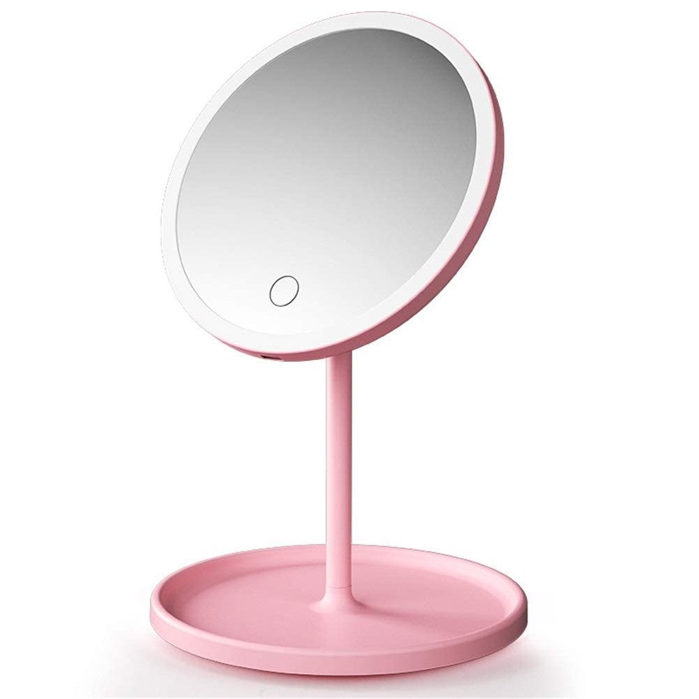 3 Modes of Light Natural Makeup Mirror White LED Backlight Movable Mirror/Base storable (Color : Pink)
