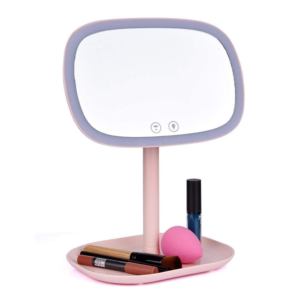 47 LED Lights 360 Rotating Desktop Mirror Touch Screen Makeup Mirror Professional Vanity Mirror Beauty Adjustable Countertop (Color : Pink)