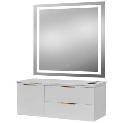 Pibbs 6002 Capri Salon Styling Station with 30" x 36" LED Mirror, White Cabinet, White Stone Top, Gold Handles, Built-in Storage & Appliance Holders, Fully Assembled - PIB-6002LED-WHT-WT-GL-LED