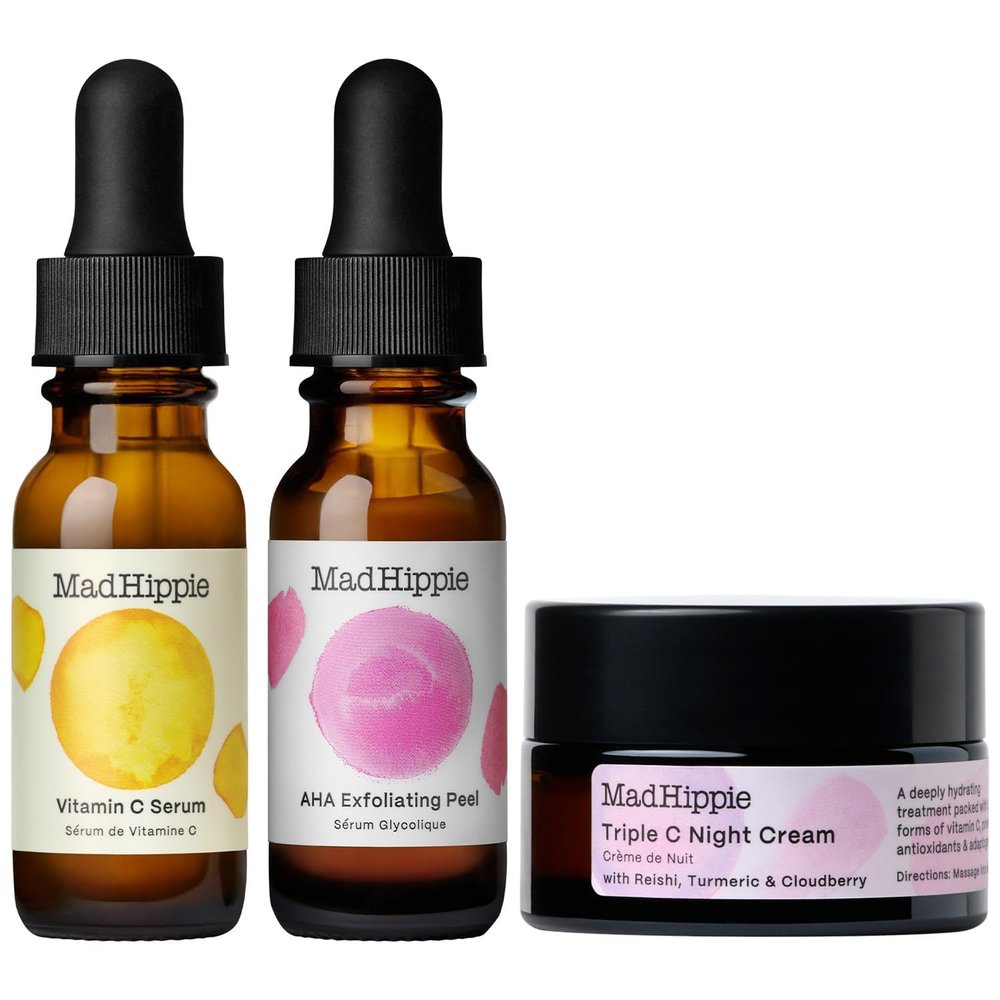 Mad Hippie Skin Brightening Kit Vitamin C Serum, AHA Exfoliating Peel + Triple C Night Cream, Travel Essentials