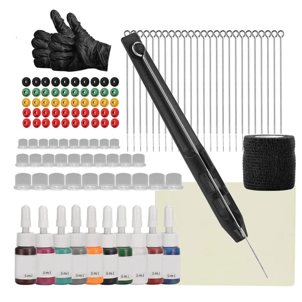 GGRICHYI Tattoo Kit Hand Poke N Stick Kit Tattoo Needles Tattoo Pen Ink Cups Stainless Steel 1 3 5 7 9RL Needles Black Temporary Tattoos