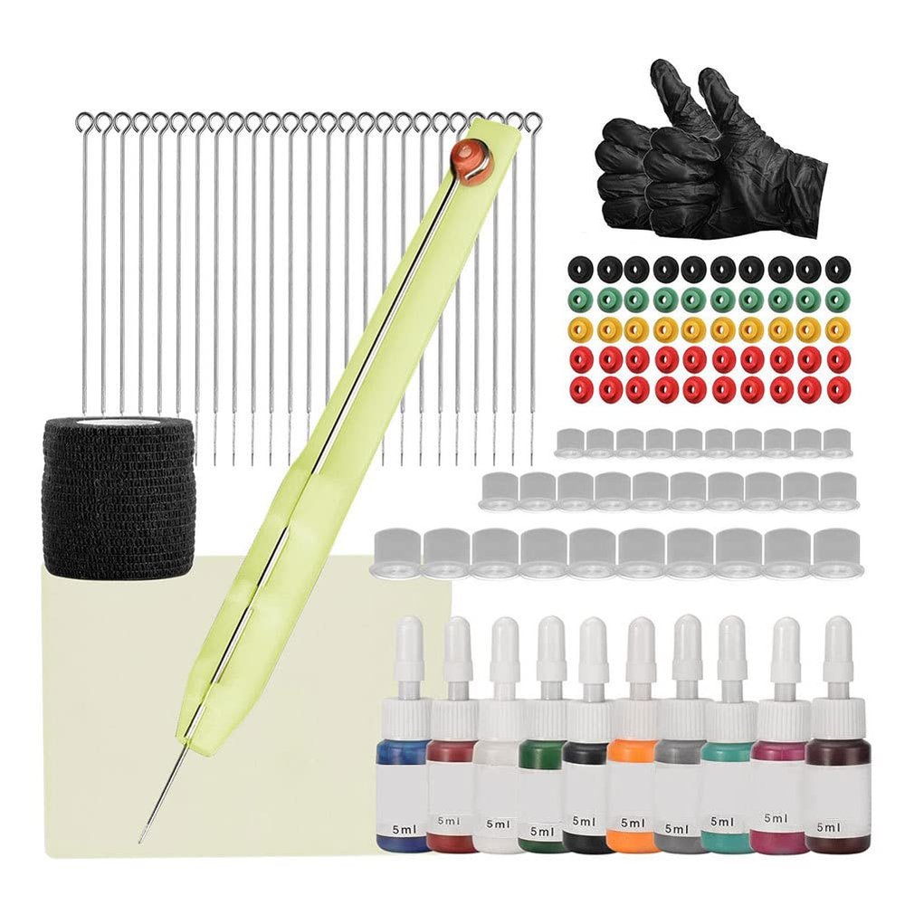 GGRICHYI Tattoo Kit Hand Poke N Stick Kit Tattoo Needles Tattoo Pen Ink Cups Stainless Steel 1 3 5 7 9RL Needles Yellow Temporary Tattoos