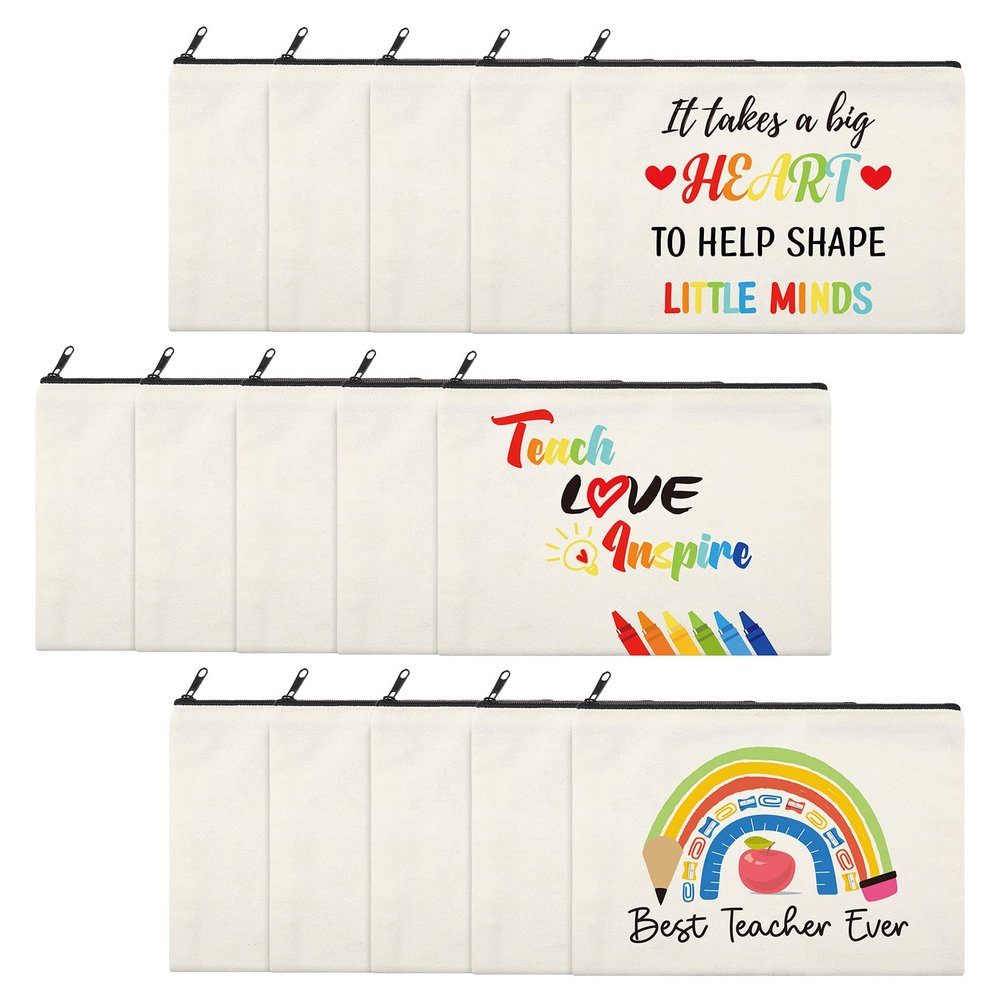 15 Pieces Teacher Appreciation Gifts Teacher Makeup Pouch Cosmetic Bag Teacher Thank You Gifts for Women Travel Toiletry Case Pencil Bag with Zipper for Teacher, 3 Styles (Rainbow)