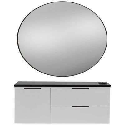 Pibbs 6002 Capri Styling Station - Latte Wood Cabinet, White Stone Top, Gold Handles, 34 Round Gold Aluminum Mirror, Built-in Holders, Fully Assembled - PIB-6002STD-LAT-WHT-GLD-RNDGLD