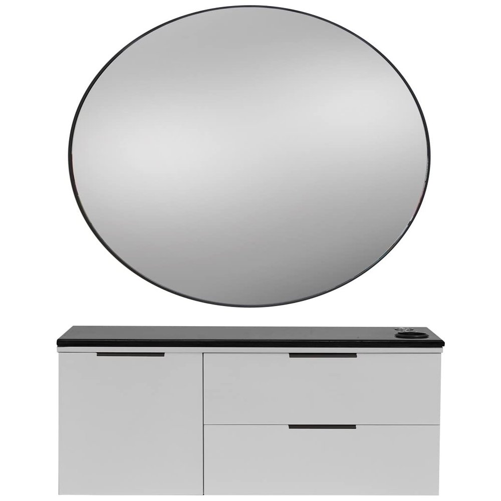 Pibbs 6002 Capri Styling Station - Latte Wood Cabinet, White Stone Top, Gold Handles, 34 Round Gold Aluminum Mirror, Built-in Holders, Fully Assembled - PIB-6002STD-LAT-WHT-GLD-RNDGLD