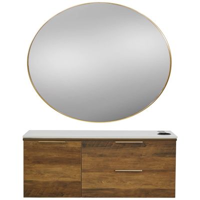 Pibbs 6002 Capri Styling Station - Latte Wood Cabinet, White Stone Top, Gold Handles, 34 Round Gold Aluminum Mirror, Built-in Holders, Fully Assembled - PIB-6002STD-LAT-WHT-GLD-RNDGLD