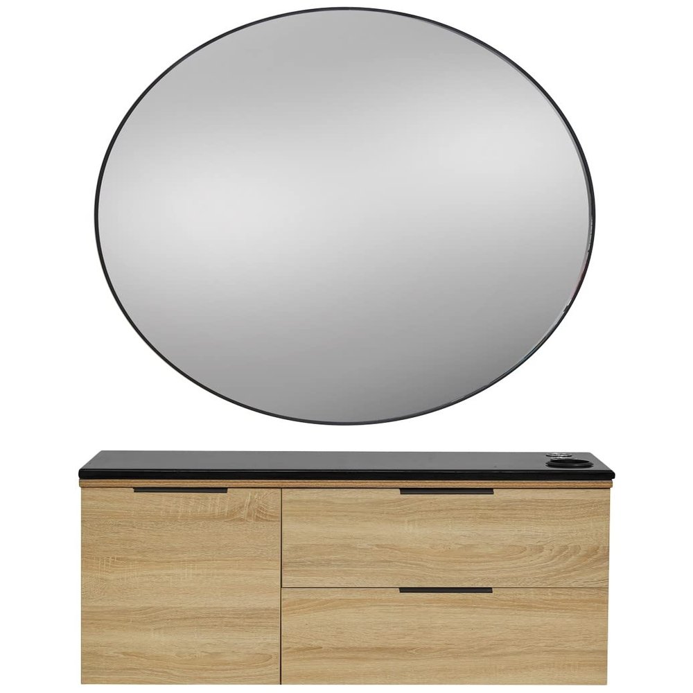 Pibbs 6002 Capri Salon Styling Station - Beechwood Cabinet, Black Stone Top, Onyx Handles, 34 Round Black Aluminum Mirror, Built-in Holders, Fully Assembled - PIB-6002STD-BEE-BLK-BLK-RNDBLK