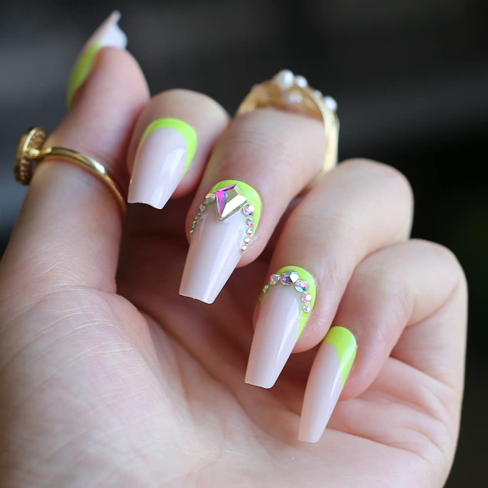 MqpQ Coffin Neon Green At The Bottom French Style False Nails Glitter Crystal Summer Full Set Nail Box Matching UV Gel Nude Fake Nail