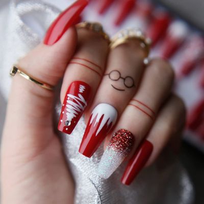 MqpQ Christmas Nails Painting Snowflake Christmas Tree Ombre Glitter Diamond Fasle Nails Red Coffin Fake Nails Gifts For Girl Friend