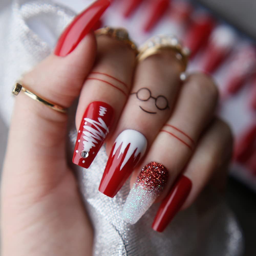 MqpQ Christmas Nails Painting Snowflake Christmas Tree Ombre Glitter Diamond Fasle Nails Red Coffin Fake Nails Gifts For Girl Friend