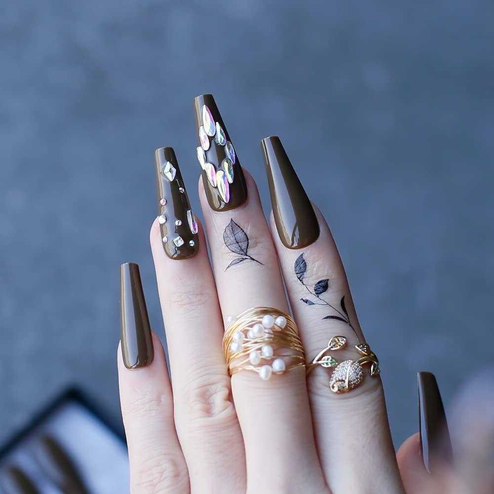 MqpQ Gel Deep Olive Green Bling Crystal Luxury Acrylic Nails Fake Nails Ballet UV Glossy Reuse Black Box Extra Coffin False Nails
