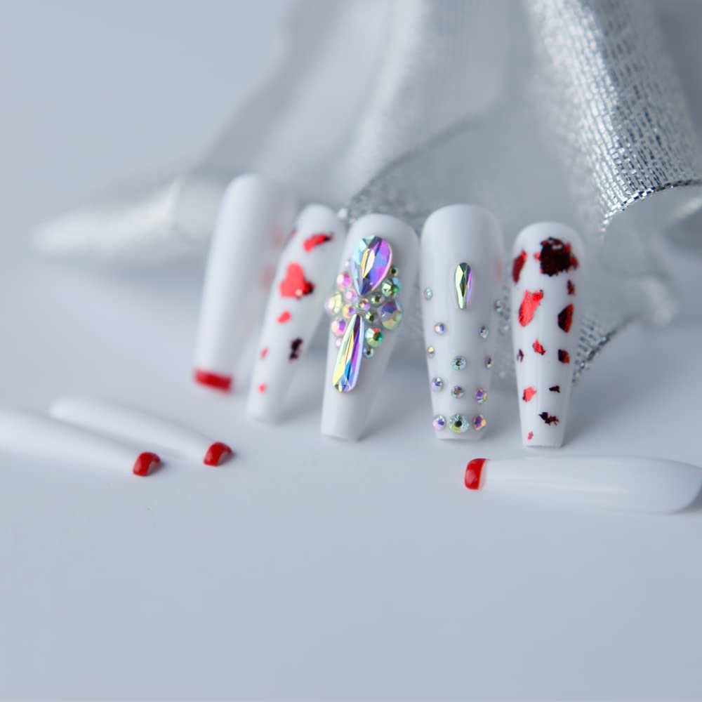 MqpQ Luxury White Coffin False Nails Red Outline French Rhinestone Fake Nails Box Press On Nails Ballet