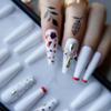 MqpQ Luxury White Coffin False Nails Red Outline French Rhinestone Fake Nails Box Press On Nails Ballet view 2