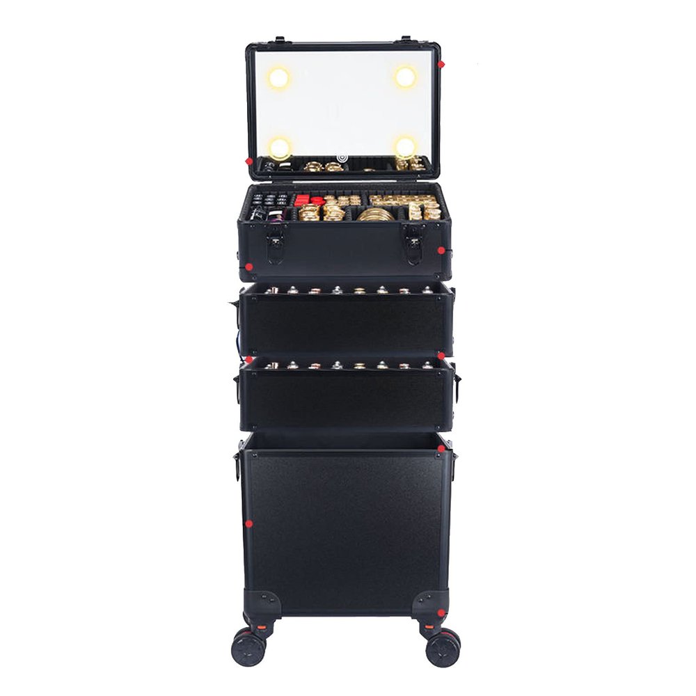 DWLOMHE Lighted Cosmetics Rolling Case and Tilt Mirror Lighted Cosmetics Organizer Storage Case Box Professional Artist Trolley Studio Free Standing Case