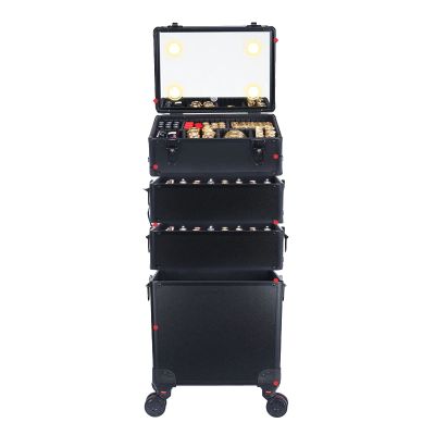 DWLOMHE Lighted Cosmetics Rolling Case and Tilt Mirror Lighted Cosmetics Organizer Storage Case Box Professional Artist Trolley Studio Free Standing Case