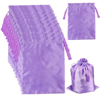 12 Pcs Silk Satin Wig Storage Bag With Drawstring Tassel Packaging for Bundles Hair Extensions and Hair Tools Multipurpose Large Bags in Purple Color