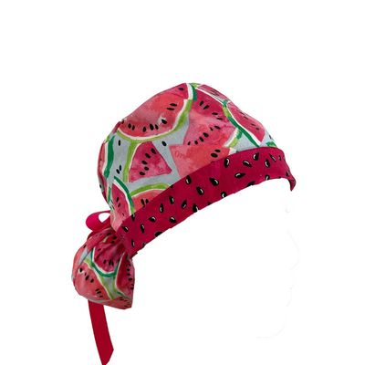 Turn Up Ponytail Medical Scrub Cap  Watermelon Seeds. - Bouffant Scrub Hats, Unisex Surgical Caps, Dr. Hats, Nurses Hats. Scrub Hat for Women & Men tie Back | Working Cap with Holder