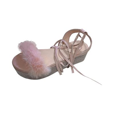 Rhinestone Platform Sandals for Women Summer Casual Color Furry Cross Straps Strappy Lace Up Open Toe Knee High Sandals Comfort Outdoor Shoes Pink