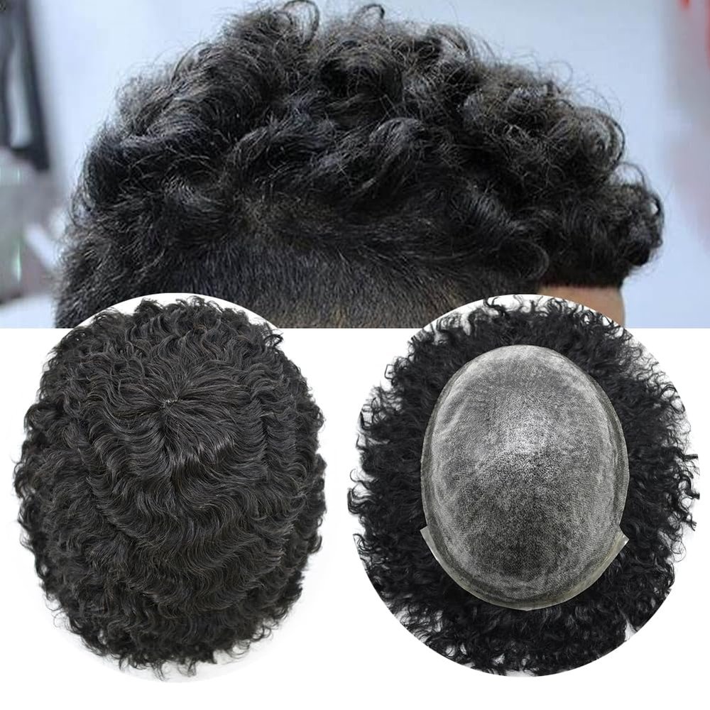 Afro Curly Toupee for Black Men 8X10 Full Poly African American Human Hair System All Injected PU Skin Kinky Curly Wig Afro Wave Hairpiece Replacement Unit 12MM Afro Wave, 1B# Natural Black/Off Black